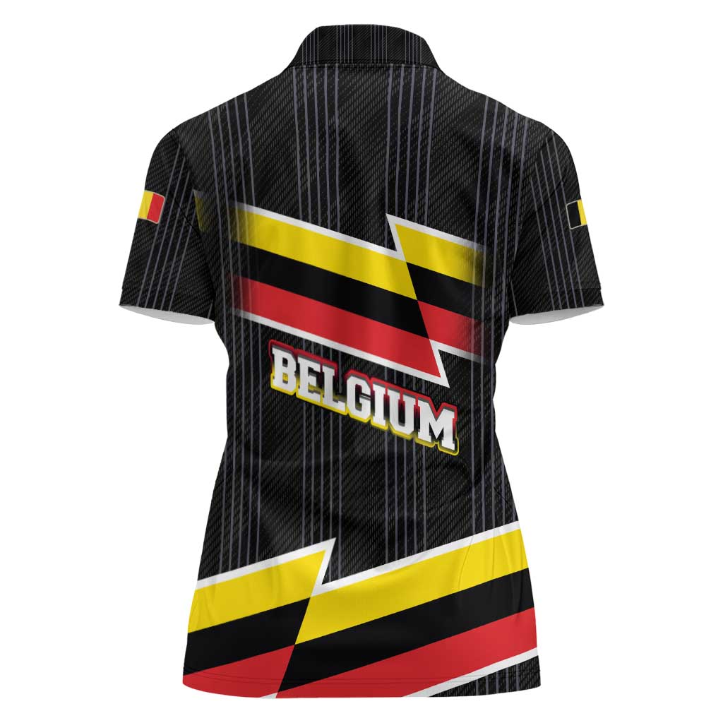 Belgium Women Polo Shirt with Black Red Yellow Lightning Flag Stripe Spirit