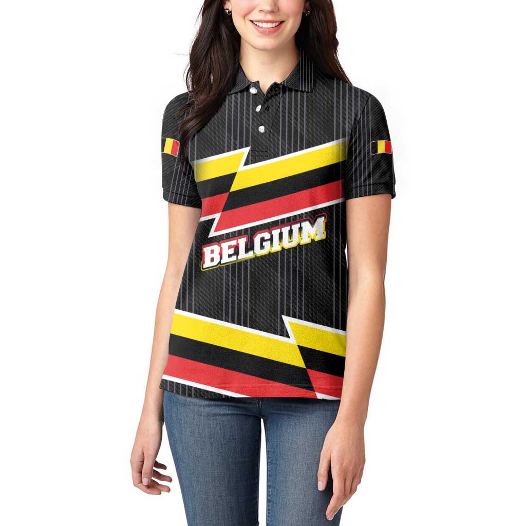 Belgium Women Polo Shirt with Black Red Yellow Lightning Flag Stripe Spirit