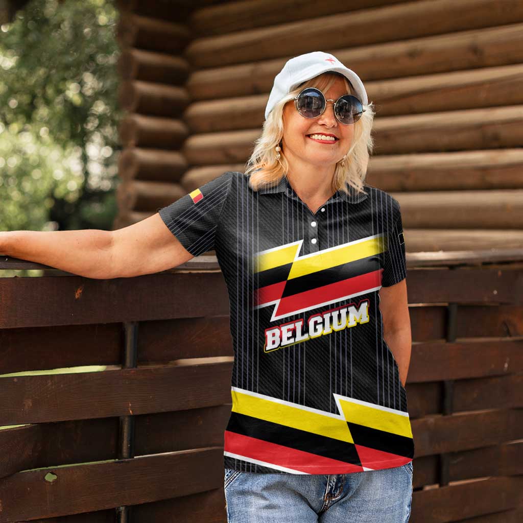 Belgium Women Polo Shirt with Black Red Yellow Lightning Flag Stripe Spirit