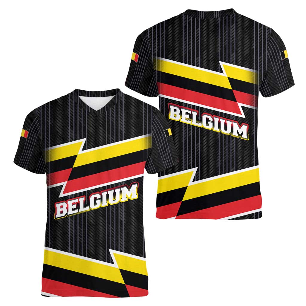 Belgium Women V-Neck T-Shirt with Black Red Yellow Lightning Flag Stripe Spirit