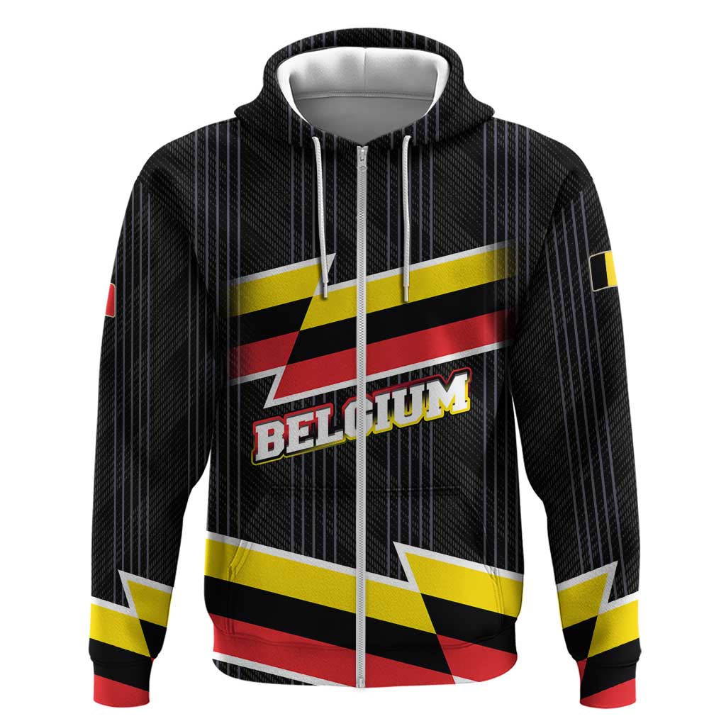Belgium Zip Hoodie with Black Red Yellow Lightning Flag Stripe Spirit