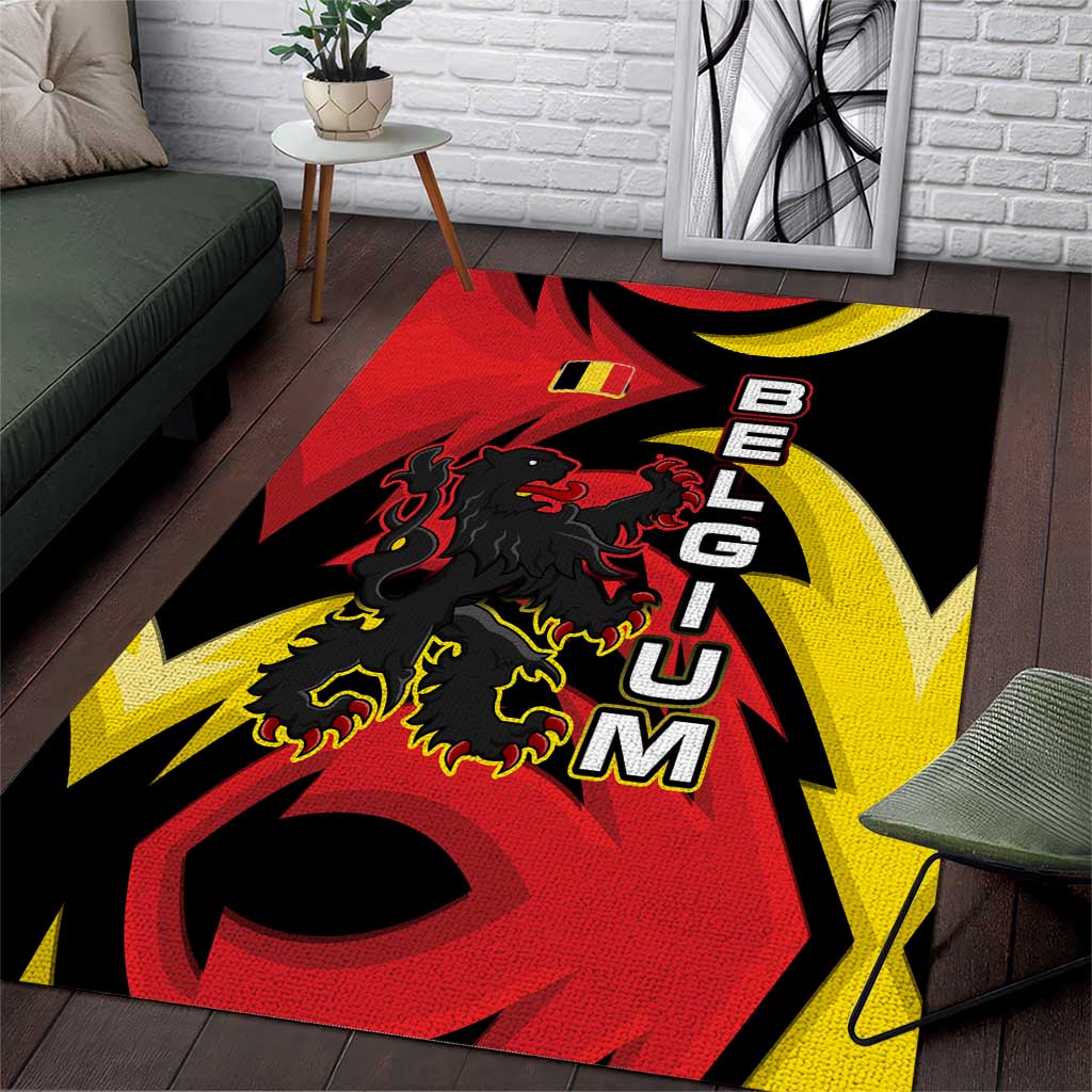 Belgium Area Rug with Black Red Lion Crest Flag Flame Spirit