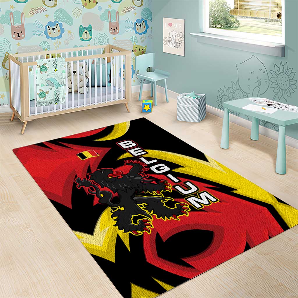 Belgium Area Rug with Black Red Lion Crest Flag Flame Spirit