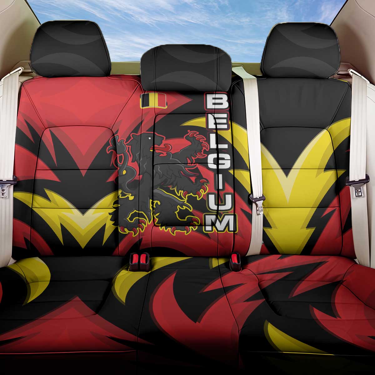 Belgium Back Car Seat Cover with Black Red Lion Crest Flag Flame Spirit
