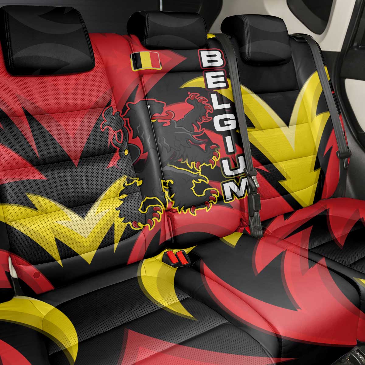 Belgium Back Car Seat Cover with Black Red Lion Crest Flag Flame Spirit