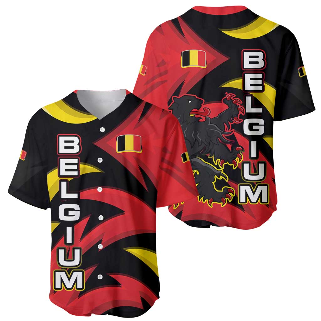 Belgium Baseball Jersey with Black Red Lion Crest Flag Flame Spirit