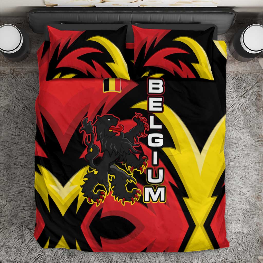 Belgium Bedding Set with Black Red Lion Crest Flag Flame Spirit