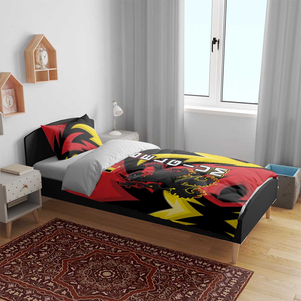 Belgium Bedding Set with Black Red Lion Crest Flag Flame Spirit
