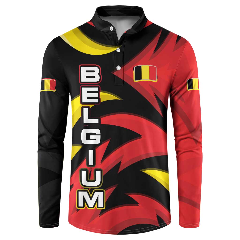 Belgium Button Sweatshirt with Black Red Lion Crest Flag Flame Spirit