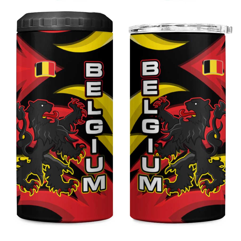 Belgium 4 in 1 Can Cooler Tumbler with Black Red Lion Crest Flag Flame Spirit