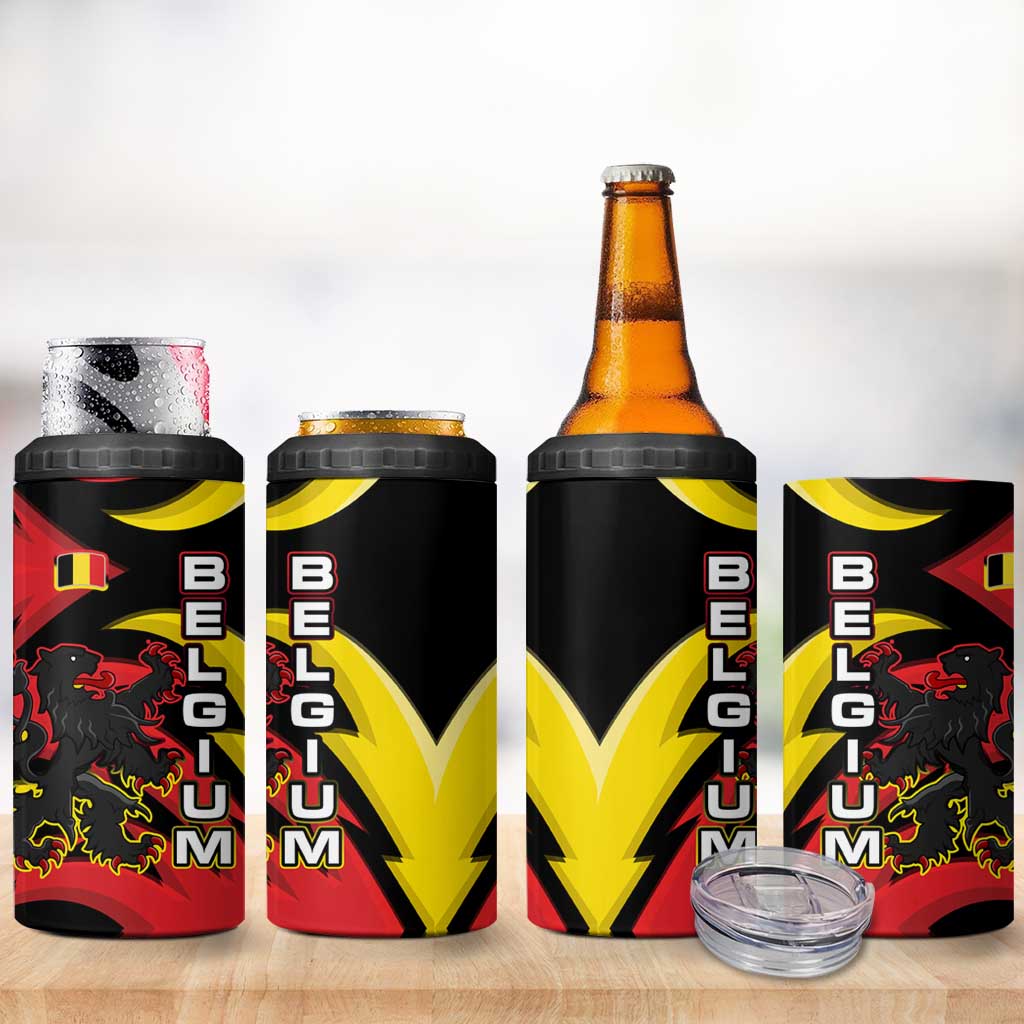Belgium 4 in 1 Can Cooler Tumbler with Black Red Lion Crest Flag Flame Spirit
