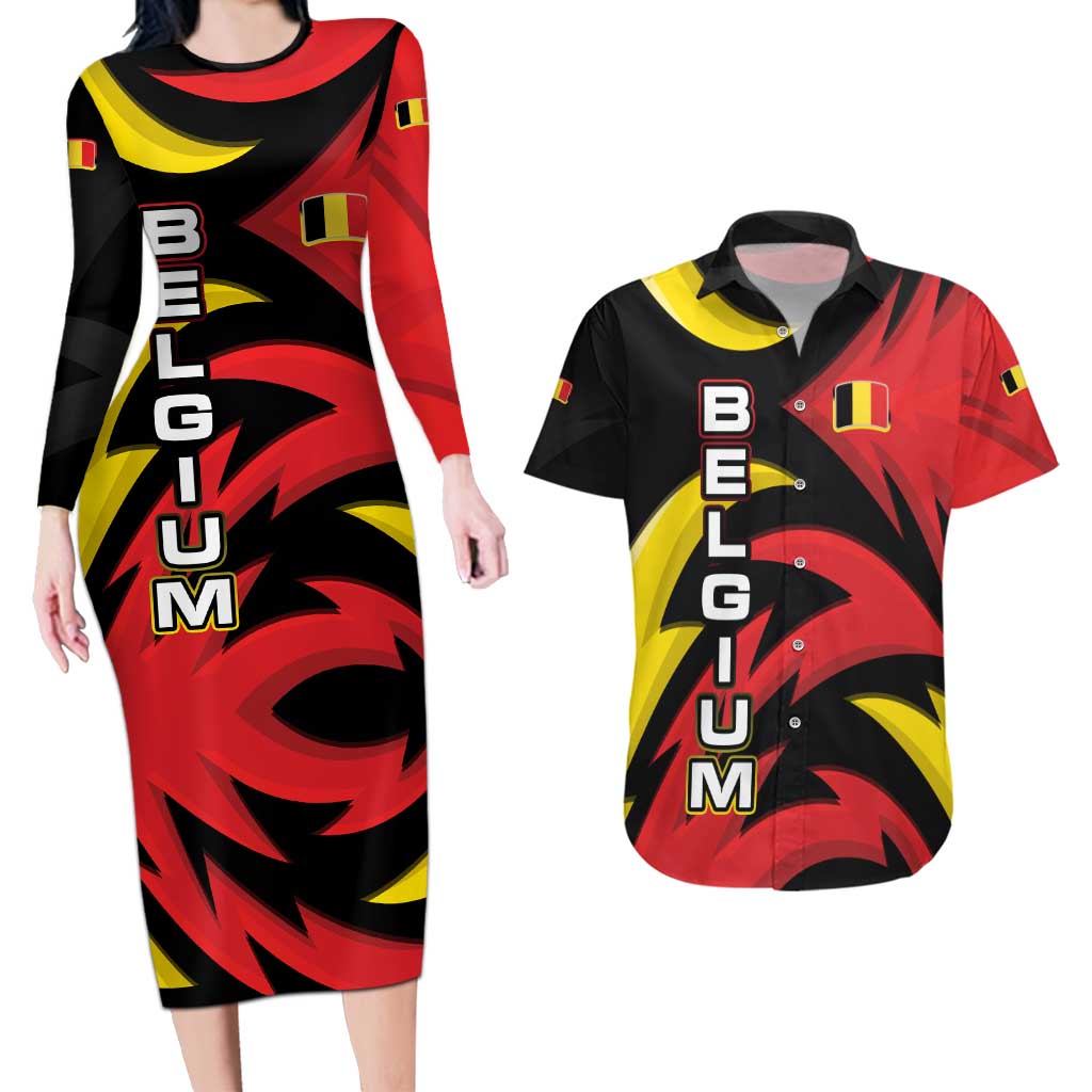 Belgium Couples Matching Long Sleeve Bodycon Dress and Hawaiian Shirt with Black Red Lion Crest Flag Flame Spirit