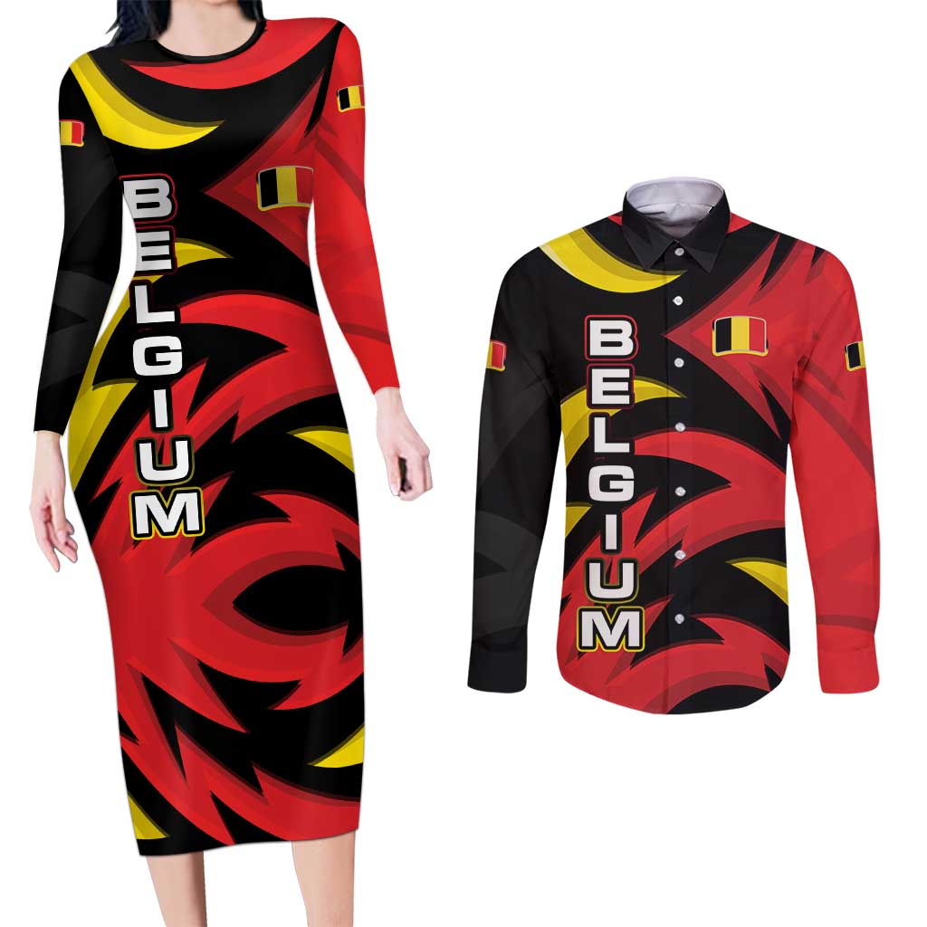 Belgium Couples Matching Long Sleeve Bodycon Dress and Long Sleeve Button Shirt with Black Red Lion Crest Flag Flame Spirit