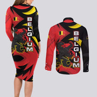 Belgium Couples Matching Long Sleeve Bodycon Dress and Long Sleeve Button Shirt with Black Red Lion Crest Flag Flame Spirit