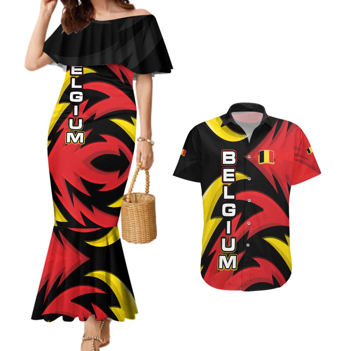 Belgium Couples Matching Mermaid Dress and Hawaiian Shirt with Black Red Lion Crest Flag Flame Spirit