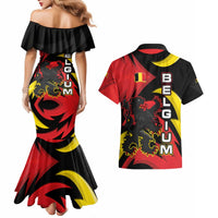 Belgium Couples Matching Mermaid Dress and Hawaiian Shirt with Black Red Lion Crest Flag Flame Spirit
