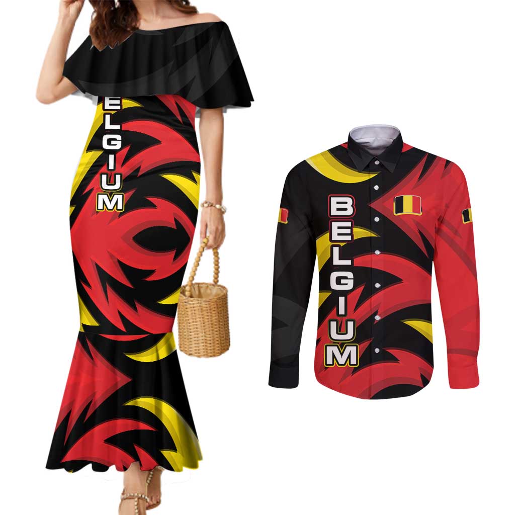 Belgium Couples Matching Mermaid Dress and Long Sleeve Button Shirt with Black Red Lion Crest Flag Flame Spirit