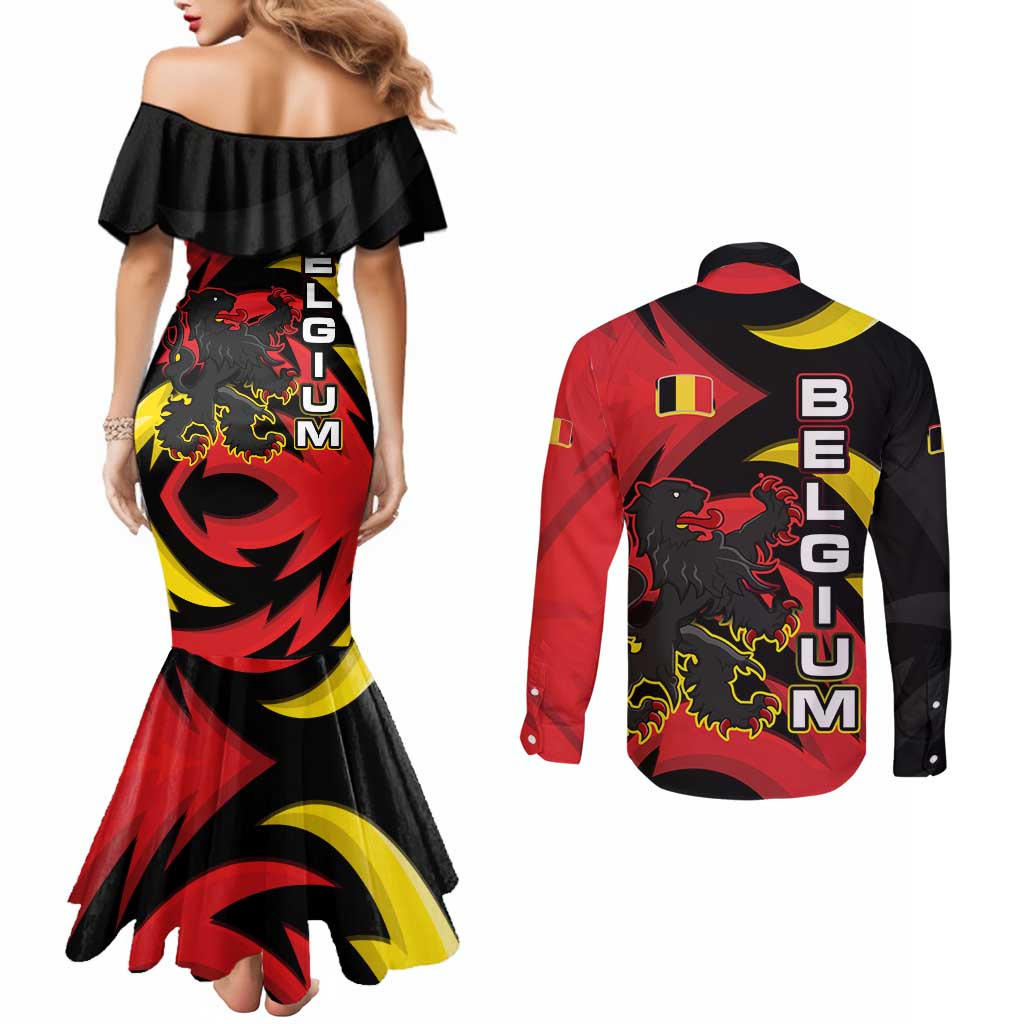 Belgium Couples Matching Mermaid Dress and Long Sleeve Button Shirt with Black Red Lion Crest Flag Flame Spirit