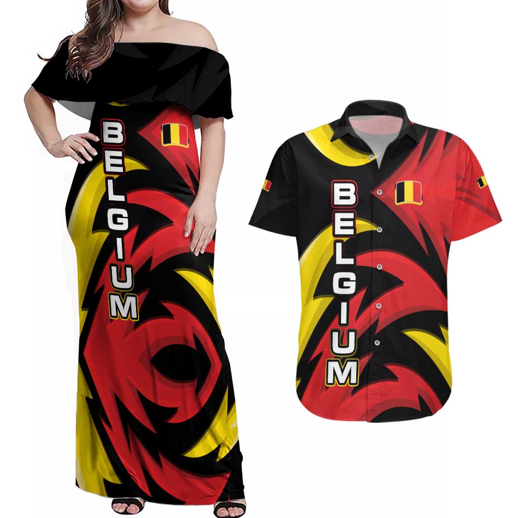 Belgium Couples Matching Off Shoulder Maxi Dress and Hawaiian Shirt with Black Red Lion Crest Flag Flame Spirit