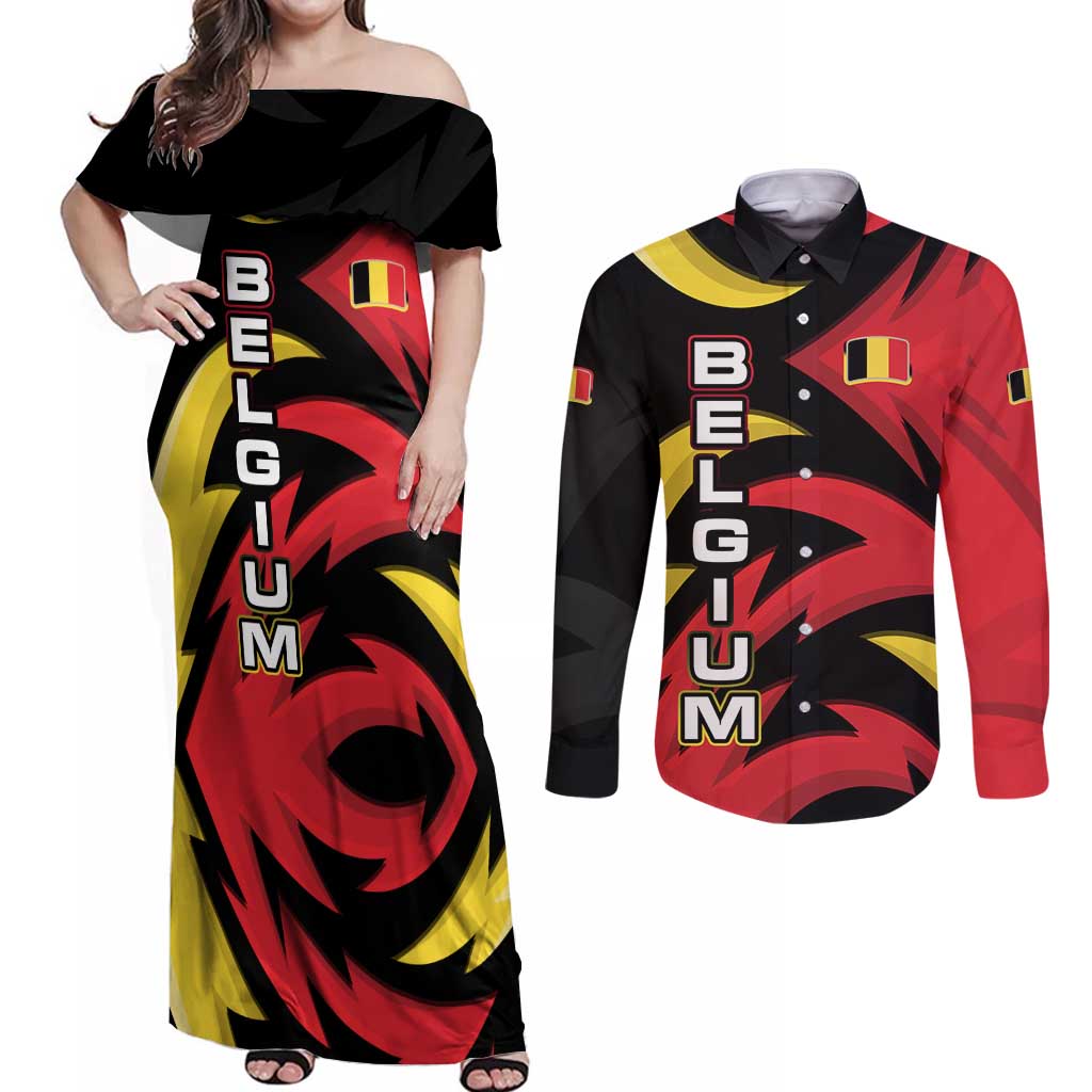 Belgium Couples Matching Off Shoulder Maxi Dress and Long Sleeve Button Shirt with Black Red Lion Crest Flag Flame Spirit