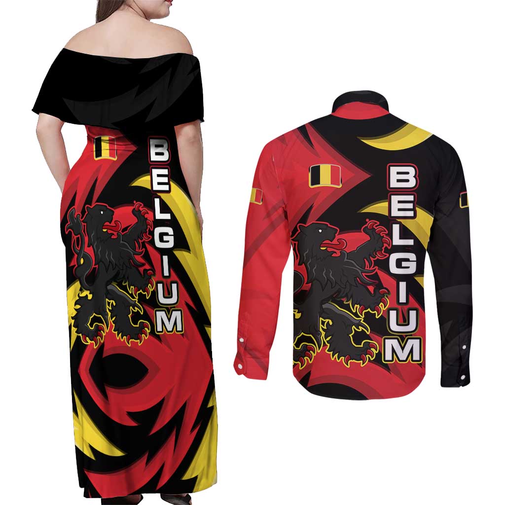 Belgium Couples Matching Off Shoulder Maxi Dress and Long Sleeve Button Shirt with Black Red Lion Crest Flag Flame Spirit