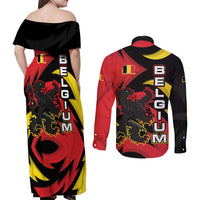 Belgium Couples Matching Off Shoulder Maxi Dress and Long Sleeve Button Shirt with Black Red Lion Crest Flag Flame Spirit