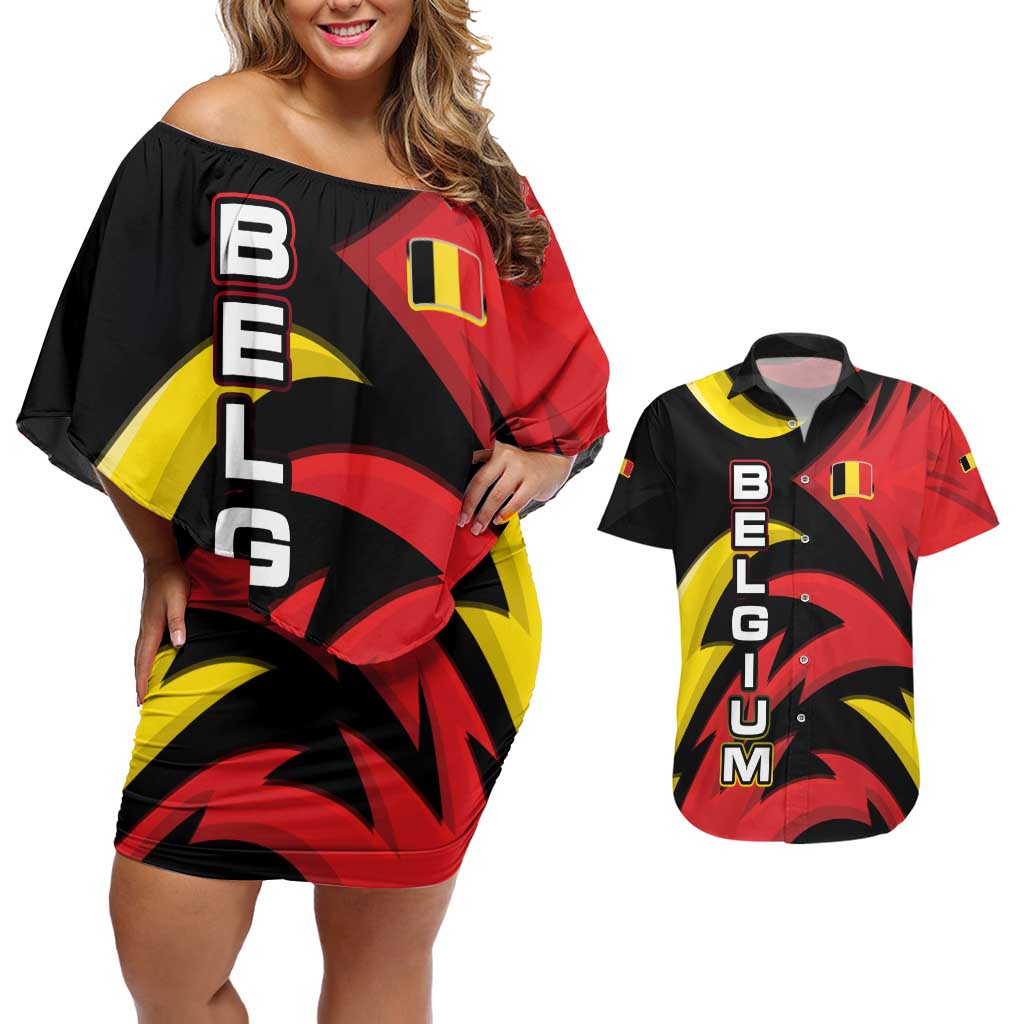 Belgium Couples Matching Off Shoulder Short Dress and Hawaiian Shirt with Black Red Lion Crest Flag Flame Spirit
