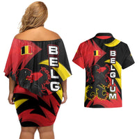 Belgium Couples Matching Off Shoulder Short Dress and Hawaiian Shirt with Black Red Lion Crest Flag Flame Spirit