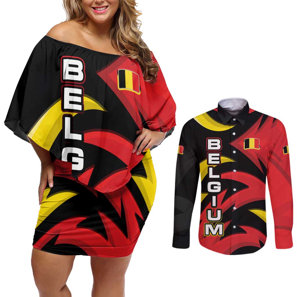 Belgium Couples Matching Off Shoulder Short Dress and Long Sleeve Button Shirt with Black Red Lion Crest Flag Flame Spirit