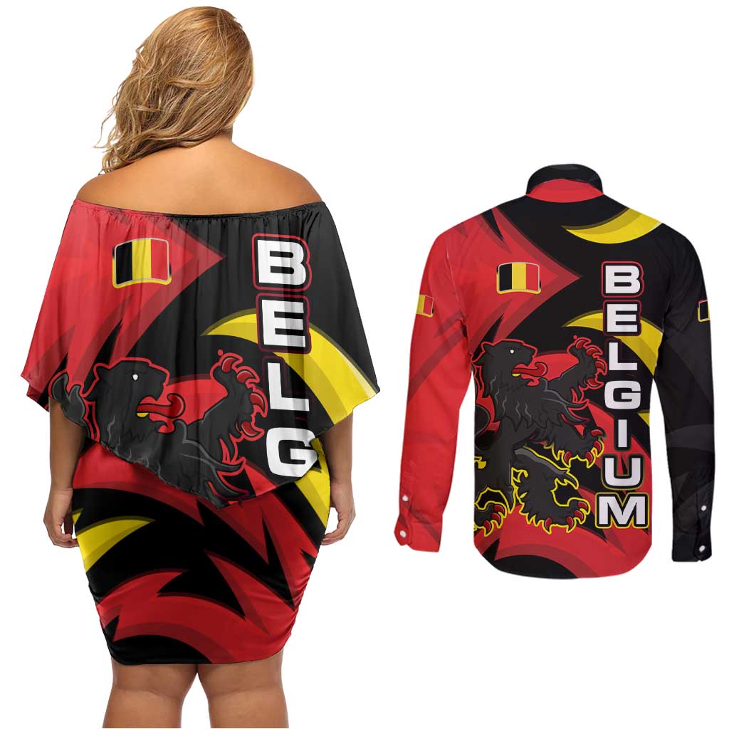 Belgium Couples Matching Off Shoulder Short Dress and Long Sleeve Button Shirt with Black Red Lion Crest Flag Flame Spirit
