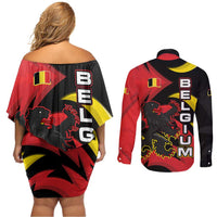 Belgium Couples Matching Off Shoulder Short Dress and Long Sleeve Button Shirt with Black Red Lion Crest Flag Flame Spirit