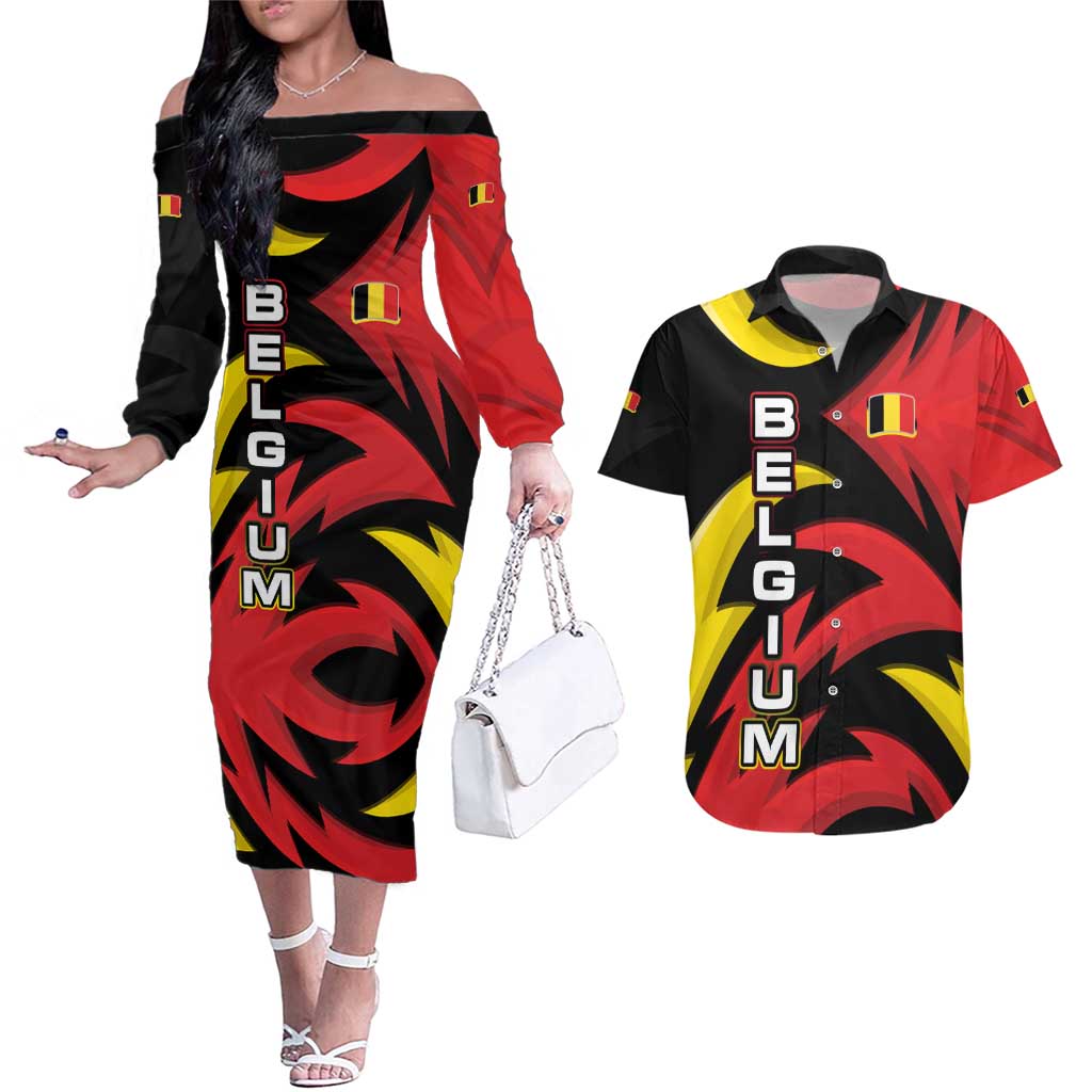 Belgium Couples Matching Off The Shoulder Long Sleeve Dress and Hawaiian Shirt with Black Red Lion Crest Flag Flame Spirit