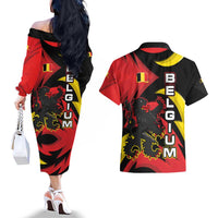 Belgium Couples Matching Off The Shoulder Long Sleeve Dress and Hawaiian Shirt with Black Red Lion Crest Flag Flame Spirit