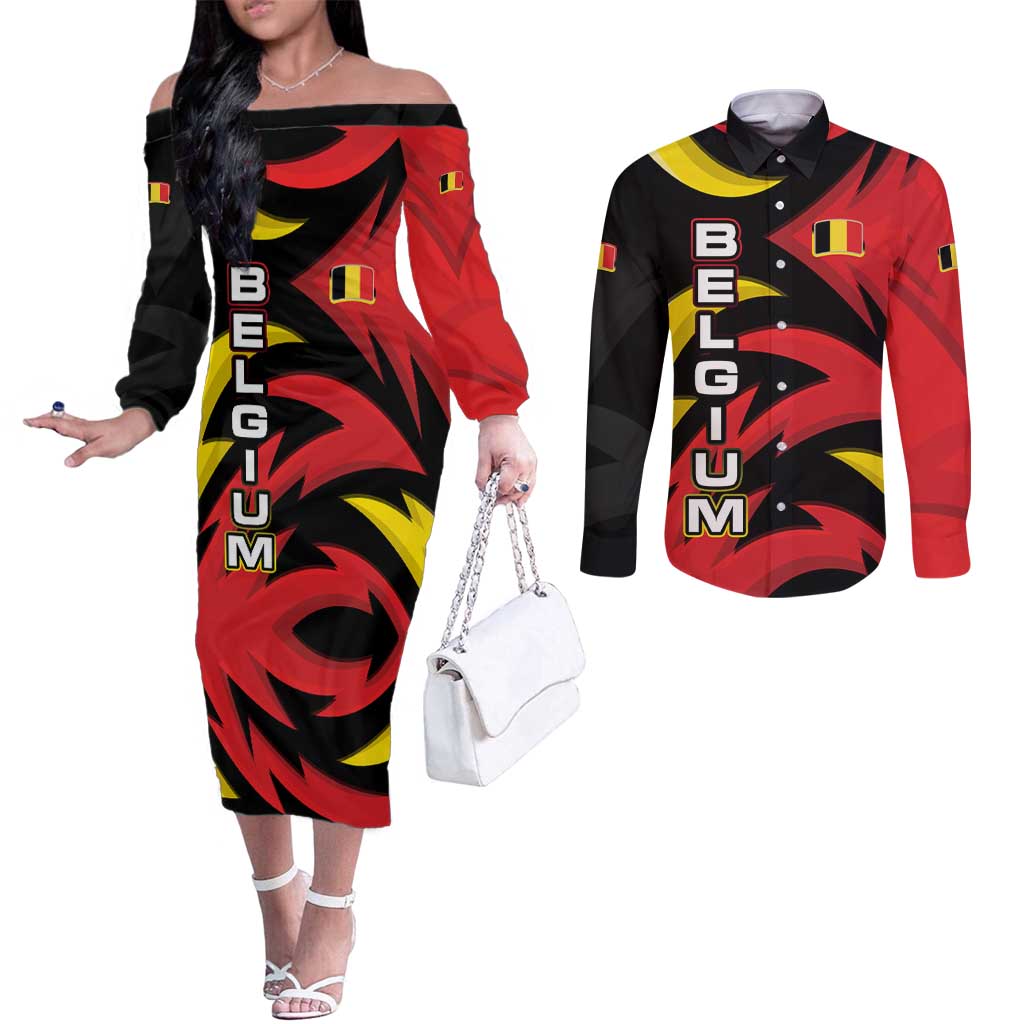 Belgium Couples Matching Off The Shoulder Long Sleeve Dress and Long Sleeve Button Shirt with Black Red Lion Crest Flag Flame Spirit