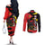 Belgium Couples Matching Off The Shoulder Long Sleeve Dress and Long Sleeve Button Shirt with Black Red Lion Crest Flag Flame Spirit
