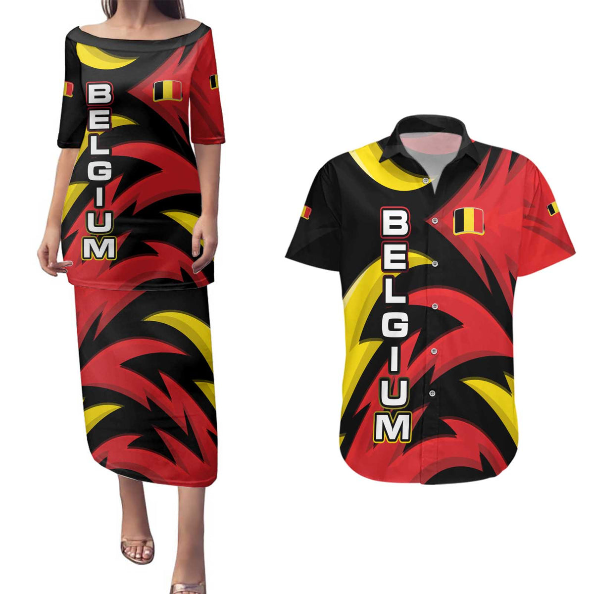 Belgium Couples Matching Puletasi and Hawaiian Shirt with Black Red Lion Crest Flag Flame Spirit