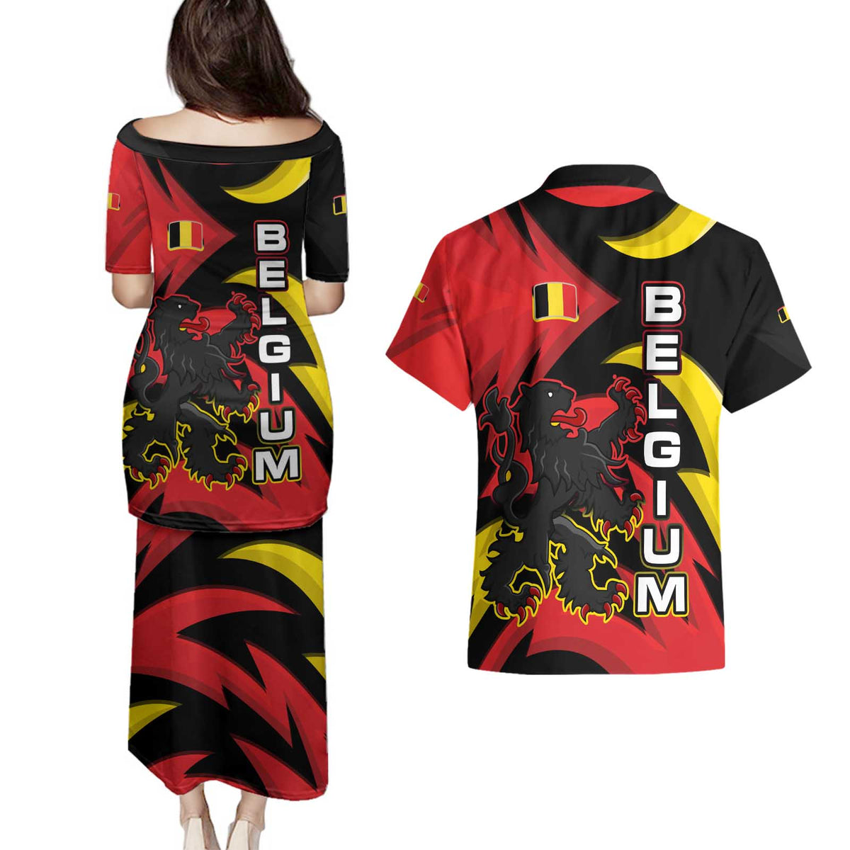 Belgium Couples Matching Puletasi and Hawaiian Shirt with Black Red Lion Crest Flag Flame Spirit