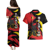 Belgium Couples Matching Puletasi and Hawaiian Shirt with Black Red Lion Crest Flag Flame Spirit