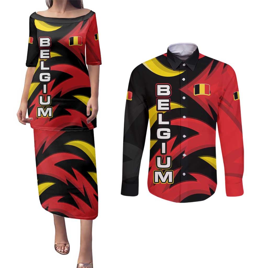 Belgium Couples Matching Puletasi and Long Sleeve Button Shirt with Black Red Lion Crest Flag Flame Spirit