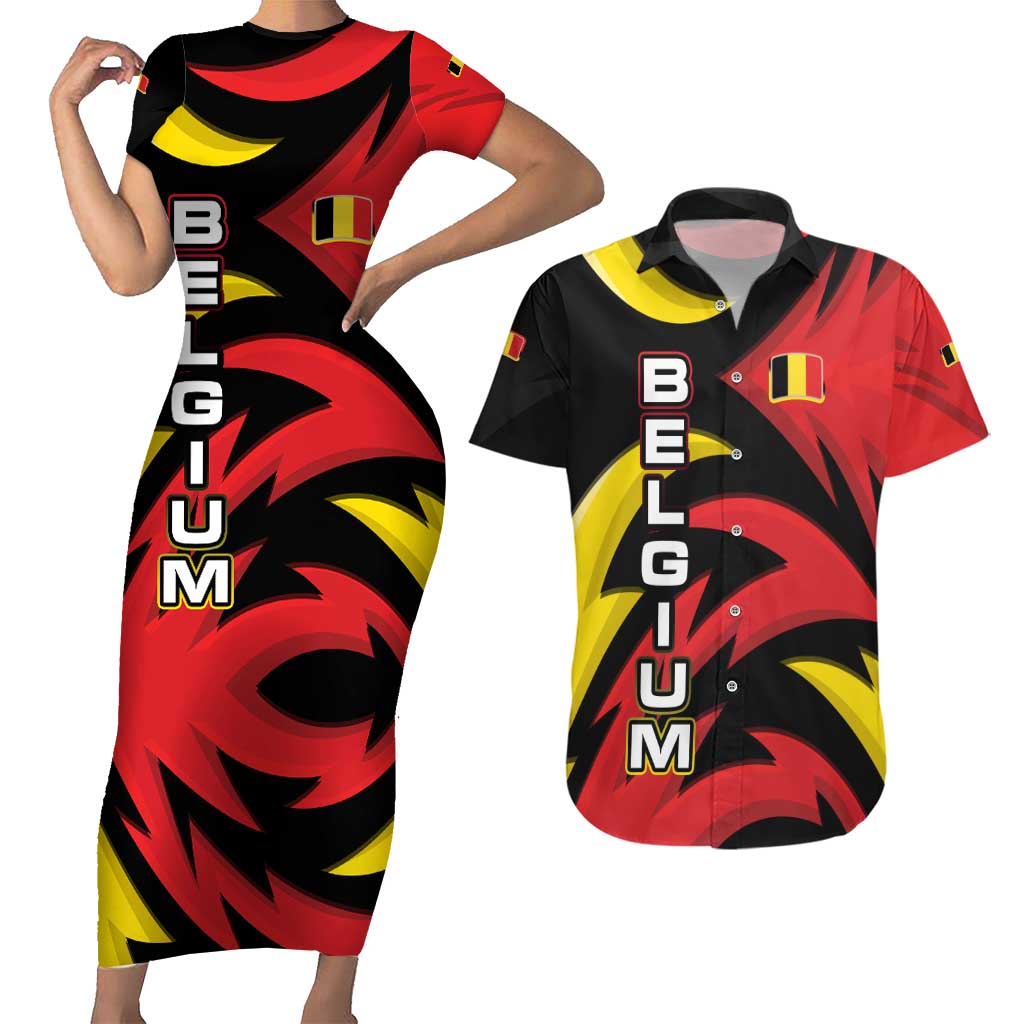 Belgium Couples Matching Short Sleeve Bodycon Dress and Hawaiian Shirt with Black Red Lion Crest Flag Flame Spirit