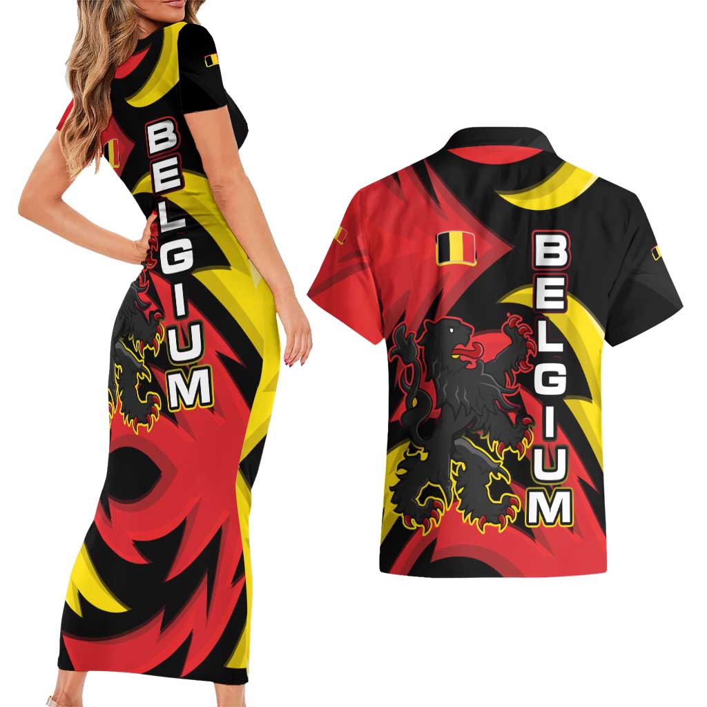 Belgium Couples Matching Short Sleeve Bodycon Dress and Hawaiian Shirt with Black Red Lion Crest Flag Flame Spirit