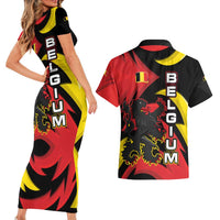 Belgium Couples Matching Short Sleeve Bodycon Dress and Hawaiian Shirt with Black Red Lion Crest Flag Flame Spirit