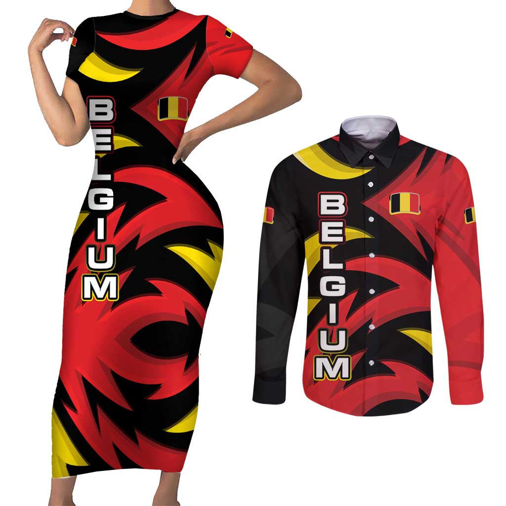 Belgium Couples Matching Short Sleeve Bodycon Dress and Long Sleeve Button Shirt with Black Red Lion Crest Flag Flame Spirit