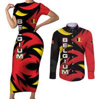 Belgium Couples Matching Short Sleeve Bodycon Dress and Long Sleeve Button Shirt with Black Red Lion Crest Flag Flame Spirit