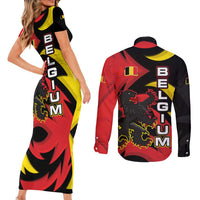 Belgium Couples Matching Short Sleeve Bodycon Dress and Long Sleeve Button Shirt with Black Red Lion Crest Flag Flame Spirit