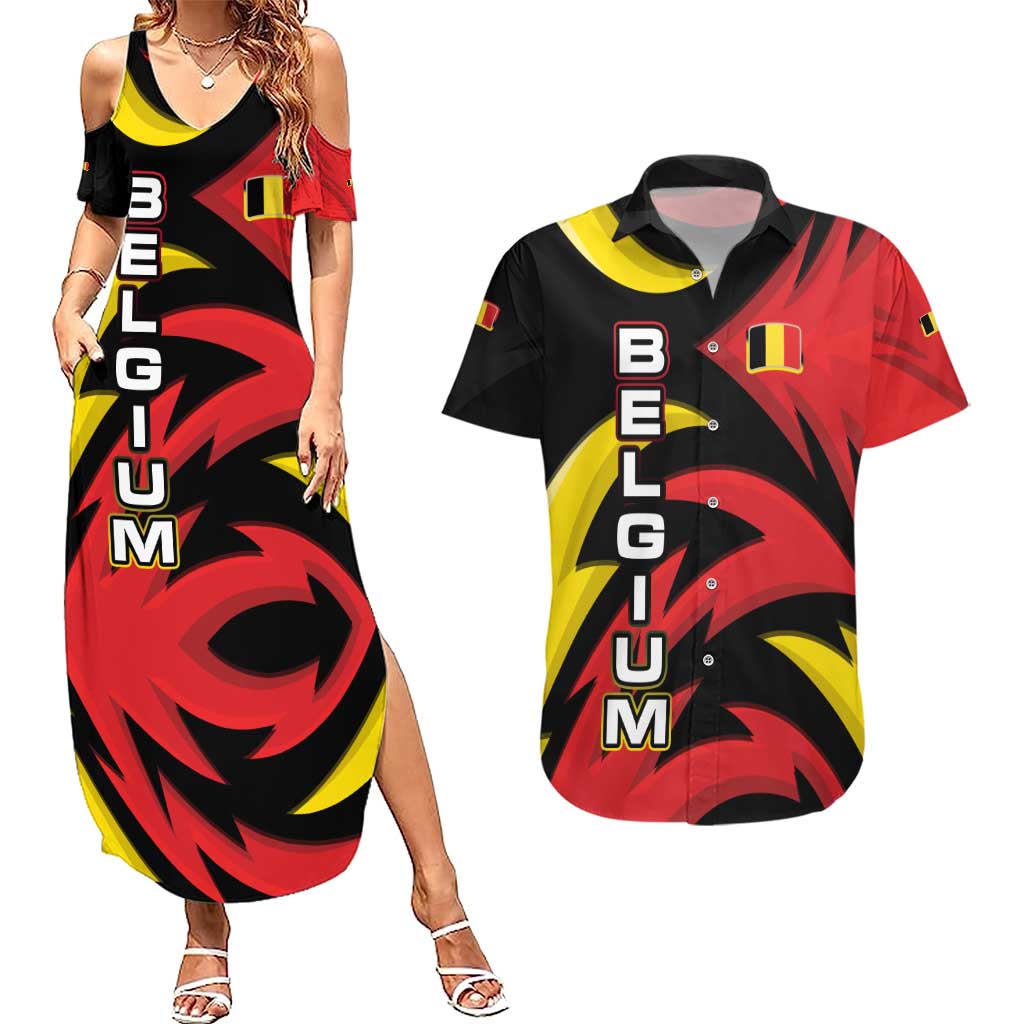 Belgium Couples Matching Summer Maxi Dress and Hawaiian Shirt with Black Red Lion Crest Flag Flame Spirit