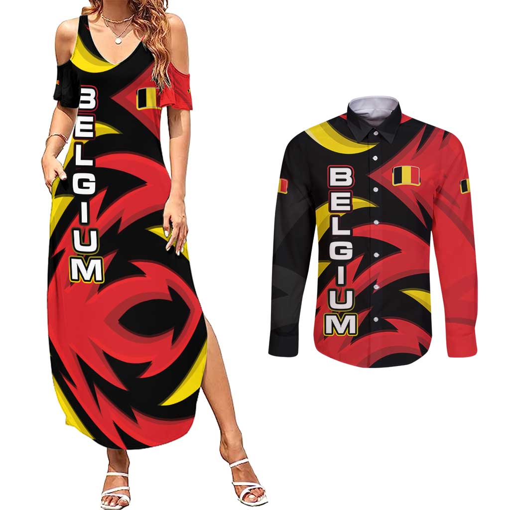 Belgium Couples Matching Summer Maxi Dress and Long Sleeve Button Shirt with Black Red Lion Crest Flag Flame Spirit