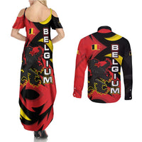 Belgium Couples Matching Summer Maxi Dress and Long Sleeve Button Shirt with Black Red Lion Crest Flag Flame Spirit