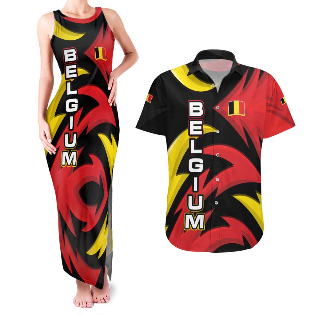 Belgium Couples Matching Tank Maxi Dress and Hawaiian Shirt with Black Red Lion Crest Flag Flame Spirit