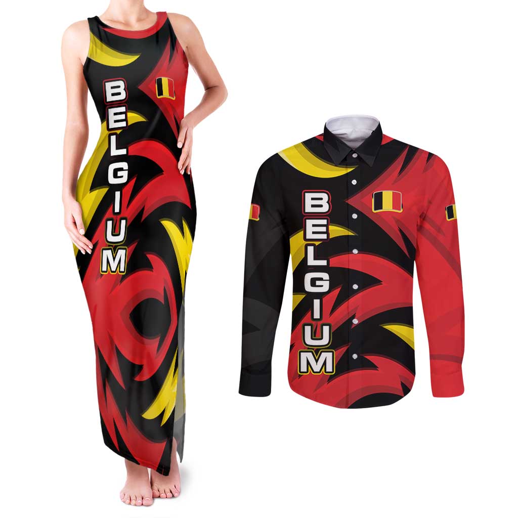 Belgium Couples Matching Tank Maxi Dress and Long Sleeve Button Shirt with Black Red Lion Crest Flag Flame Spirit